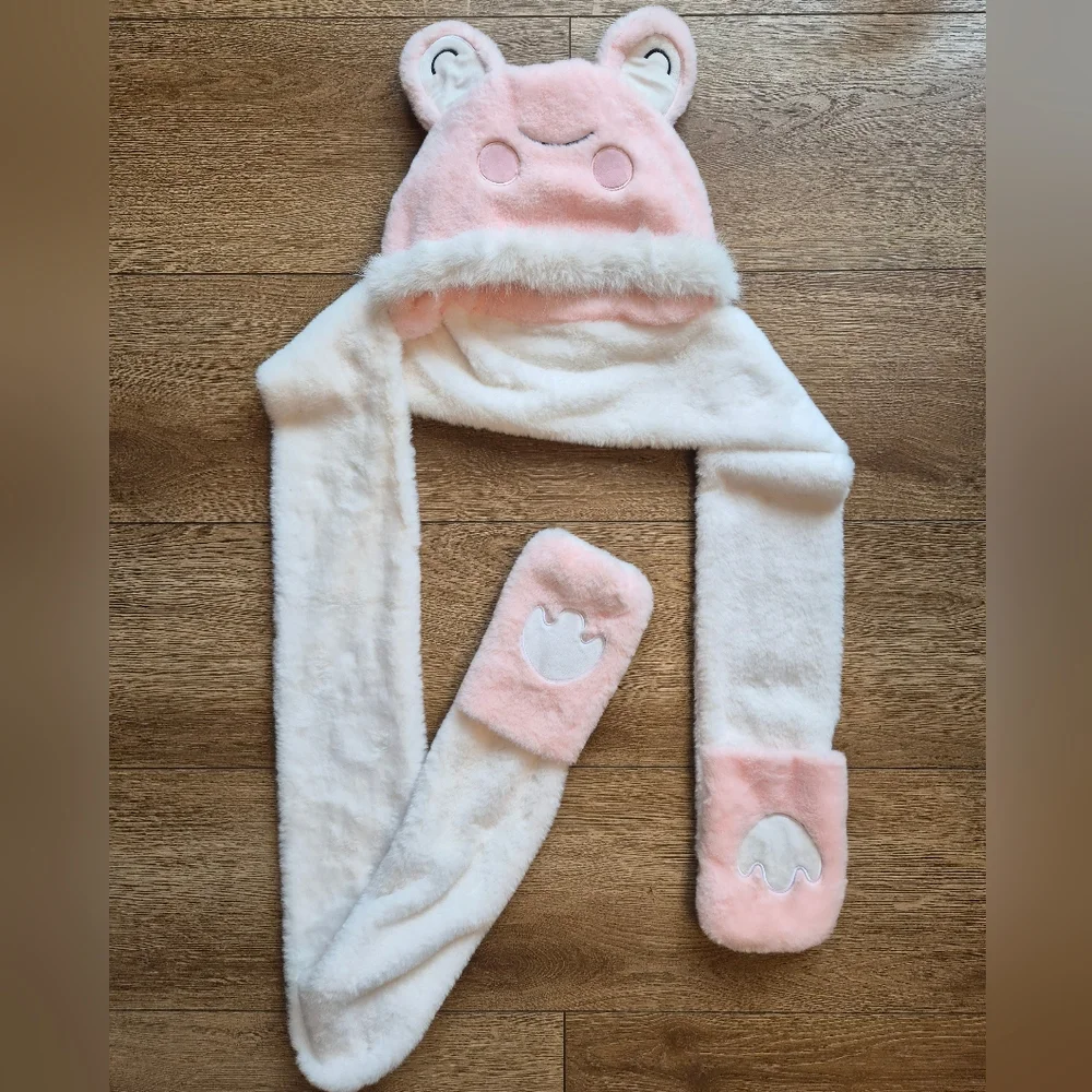 Pink White Plush Bear Hat Scarf Mittens 3 in 1 Hooded Pocket Scarf OS One Size